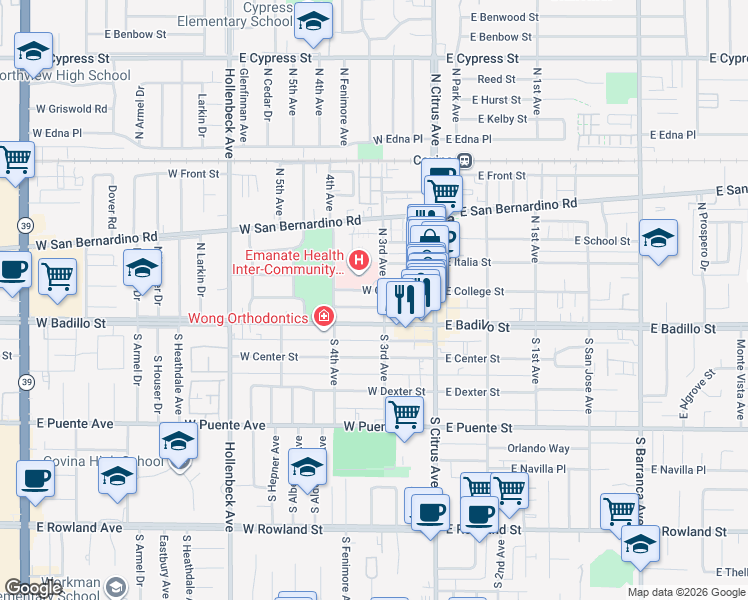 map of restaurants, bars, coffee shops, grocery stores, and more near 210 West College Street in Covina