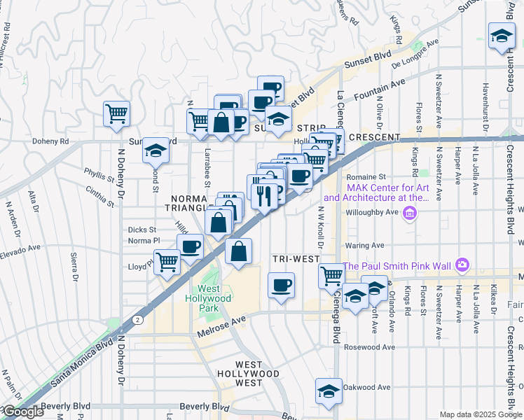 map of restaurants, bars, coffee shops, grocery stores, and more near 924 Hancock Avenue in West Hollywood