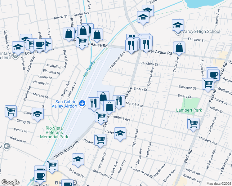 map of restaurants, bars, coffee shops, grocery stores, and more near 4432 Tyler Avenue in El Monte