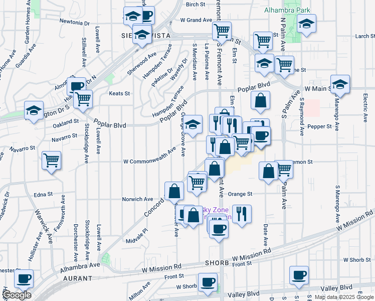 map of restaurants, bars, coffee shops, grocery stores, and more near 600 Orange Grove Avenue in Alhambra