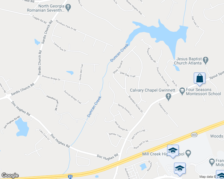 map of restaurants, bars, coffee shops, grocery stores, and more near 2505 Well Springs Drive in Buford