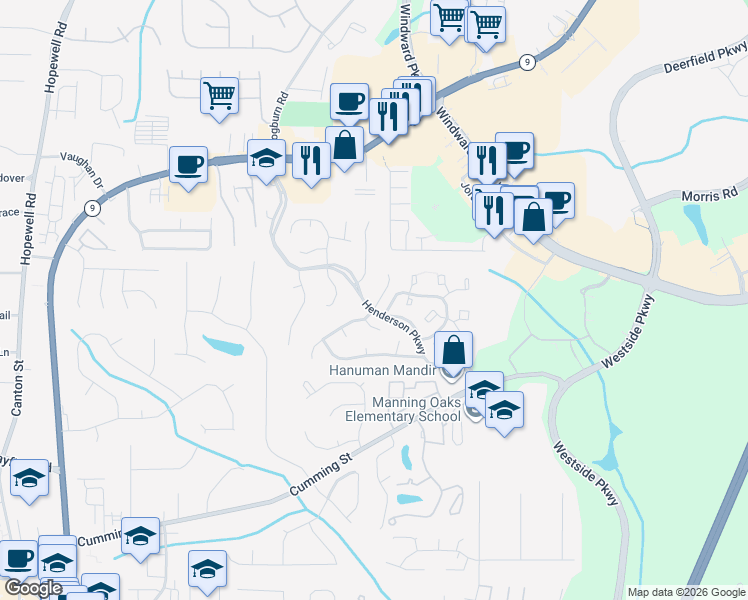 map of restaurants, bars, coffee shops, grocery stores, and more near 1305 Millstone Drive in Alpharetta