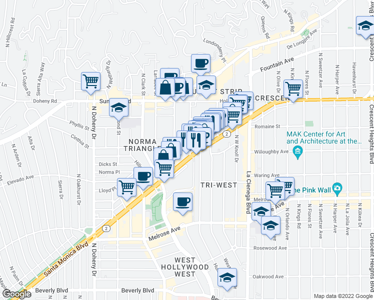map of restaurants, bars, coffee shops, grocery stores, and more near 901 Hancock Avenue in West Hollywood