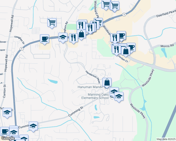 map of restaurants, bars, coffee shops, grocery stores, and more near 1800 Millstone Court in Alpharetta