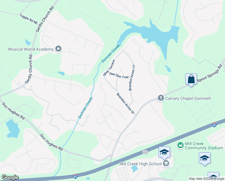 map of restaurants, bars, coffee shops, grocery stores, and more near 4602 Shay Terrace in Buford
