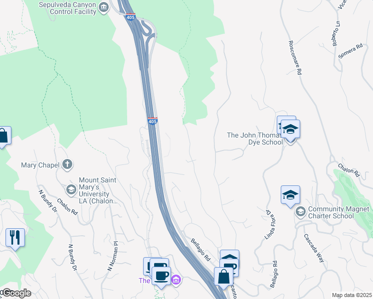 map of restaurants, bars, coffee shops, grocery stores, and more near 1345 Casiano Road in Los Angeles