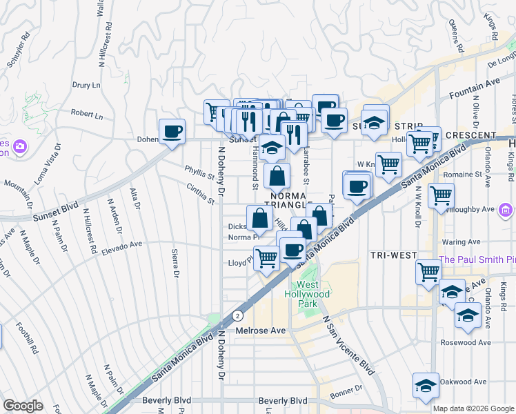 map of restaurants, bars, coffee shops, grocery stores, and more near 874 Hammond Street in West Hollywood