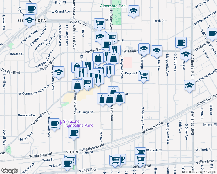 map of restaurants, bars, coffee shops, grocery stores, and more near 304 Date Avenue in Alhambra