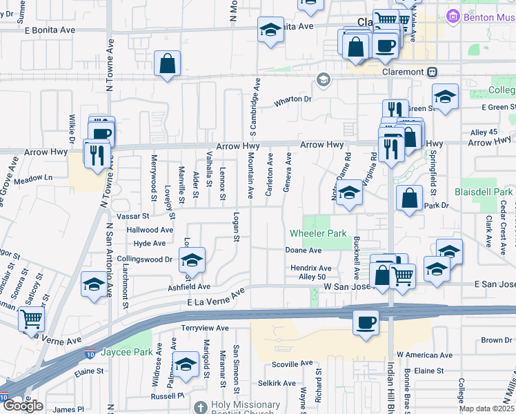 map of restaurants, bars, coffee shops, grocery stores, and more near 466 Mountain Avenue in Claremont