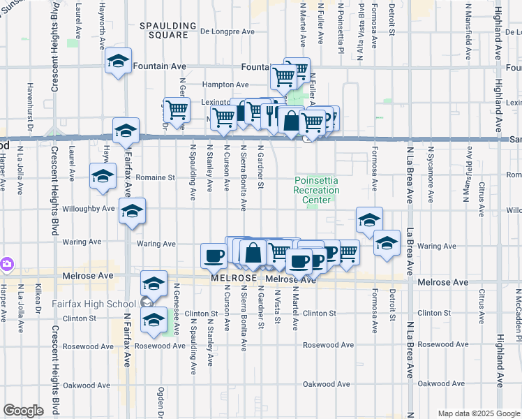 map of restaurants, bars, coffee shops, grocery stores, and more near Willoughby Avenue & North Gardner Street in West Hollywood