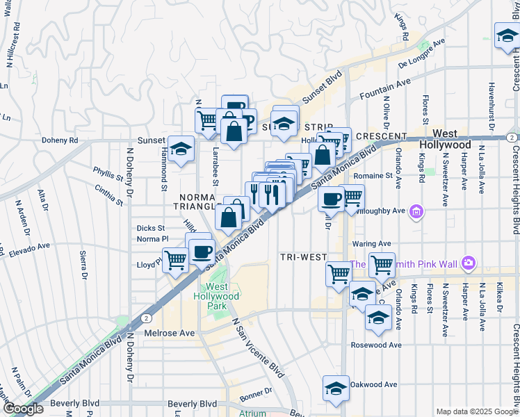map of restaurants, bars, coffee shops, grocery stores, and more near 901 Hancock Avenue in West Hollywood