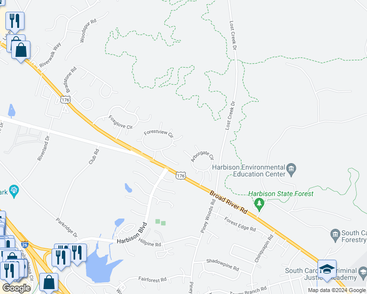 map of restaurants, bars, coffee shops, grocery stores, and more near 21 Arborland Court in Columbia