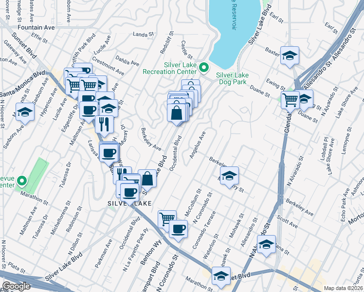 map of restaurants, bars, coffee shops, grocery stores, and more near 1536 North Occidental Boulevard in Los Angeles