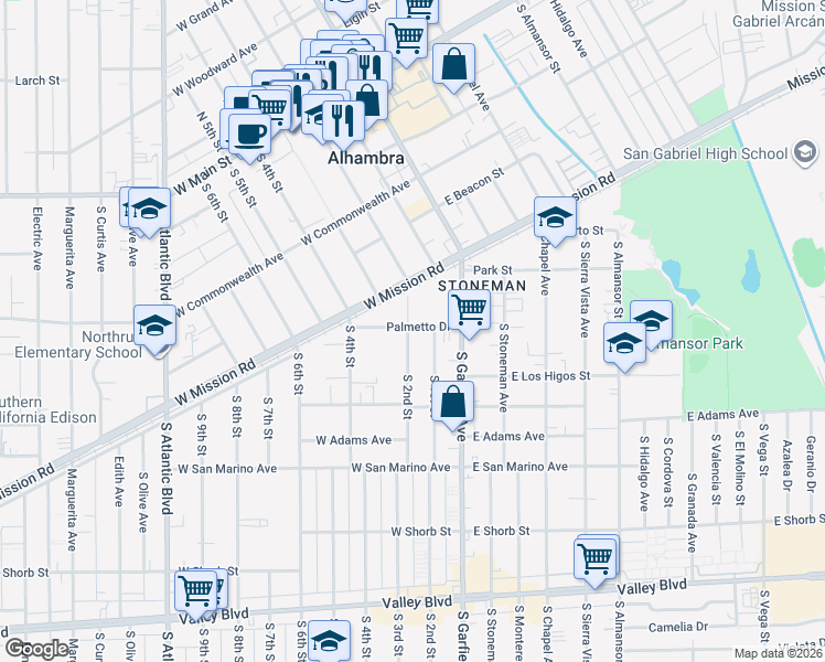 map of restaurants, bars, coffee shops, grocery stores, and more near 2 Alhambra Road in Alhambra