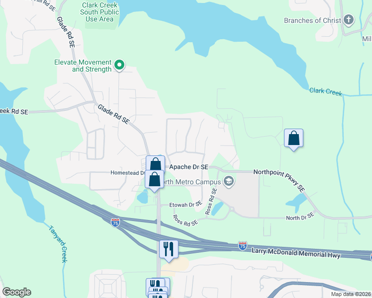 map of restaurants, bars, coffee shops, grocery stores, and more near 305 Arapaho Drive Southeast in Acworth