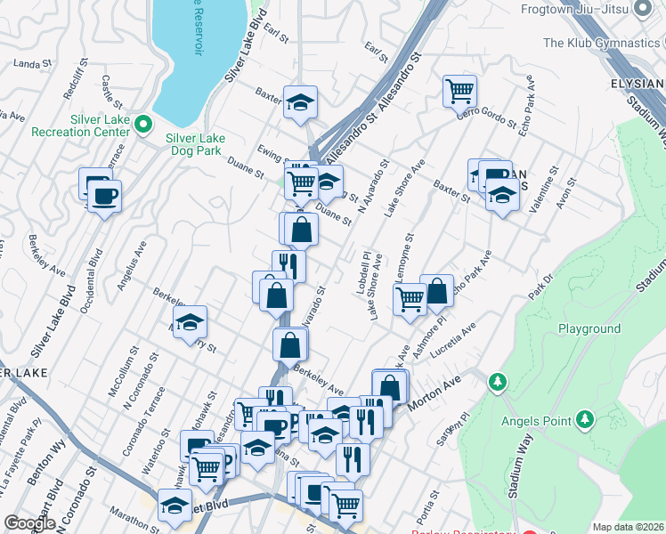 map of restaurants, bars, coffee shops, grocery stores, and more near 1860 North Alvarado Street in Los Angeles