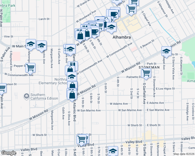 map of restaurants, bars, coffee shops, grocery stores, and more near 416 South 7th Street in Alhambra