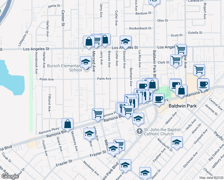 map of restaurants, bars, coffee shops, grocery stores, and more near 4108 Bresee Avenue in Baldwin Park