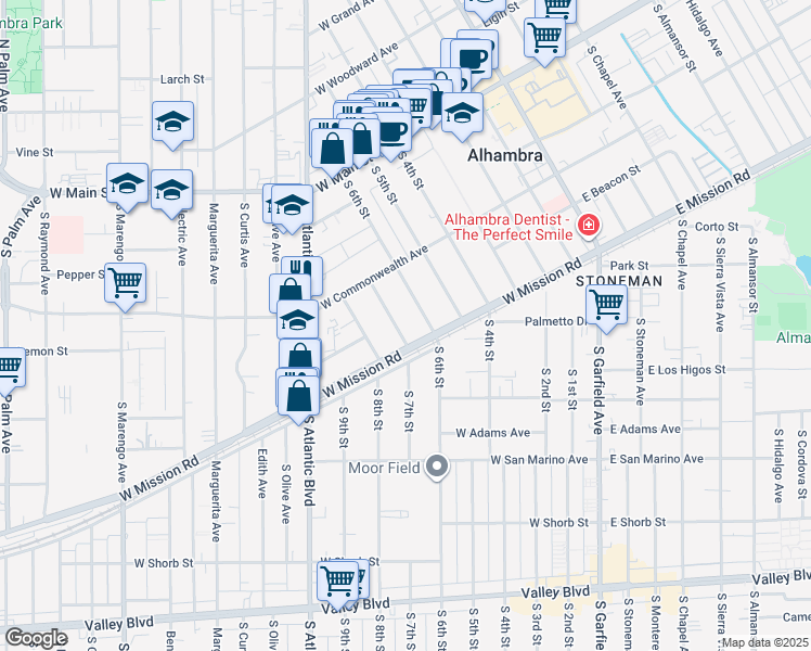 map of restaurants, bars, coffee shops, grocery stores, and more near 416 South 7th Street in Alhambra