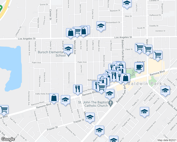 map of restaurants, bars, coffee shops, grocery stores, and more near 4108 Bresee Avenue in Baldwin Park