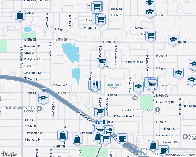 map of restaurants, bars, coffee shops, grocery stores, and more near 1236 East Alvarado Street in Ontario