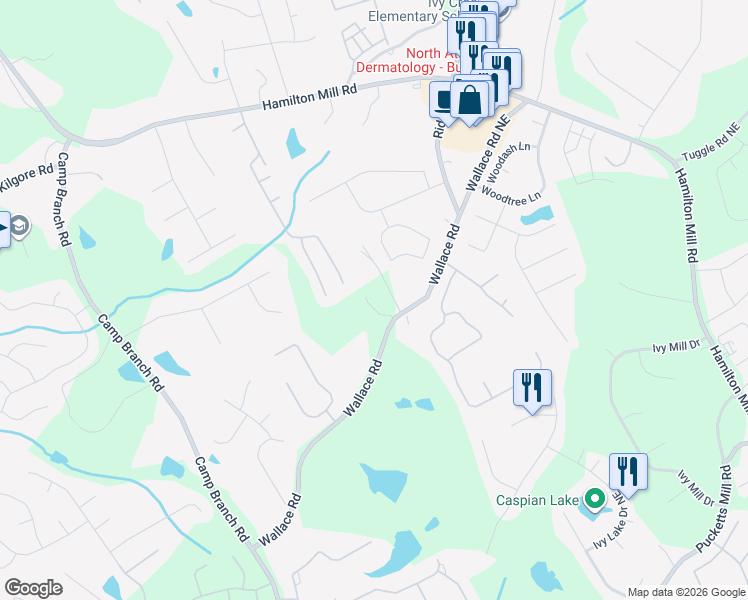 map of restaurants, bars, coffee shops, grocery stores, and more near 3070 Wallace Road in Buford