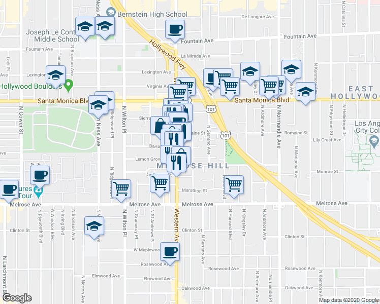 map of restaurants, bars, coffee shops, grocery stores, and more near 931 North Oxford Avenue in Los Angeles