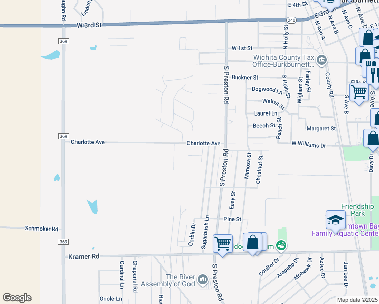 map of restaurants, bars, coffee shops, grocery stores, and more near 109 Kaitlin Street in Burkburnett