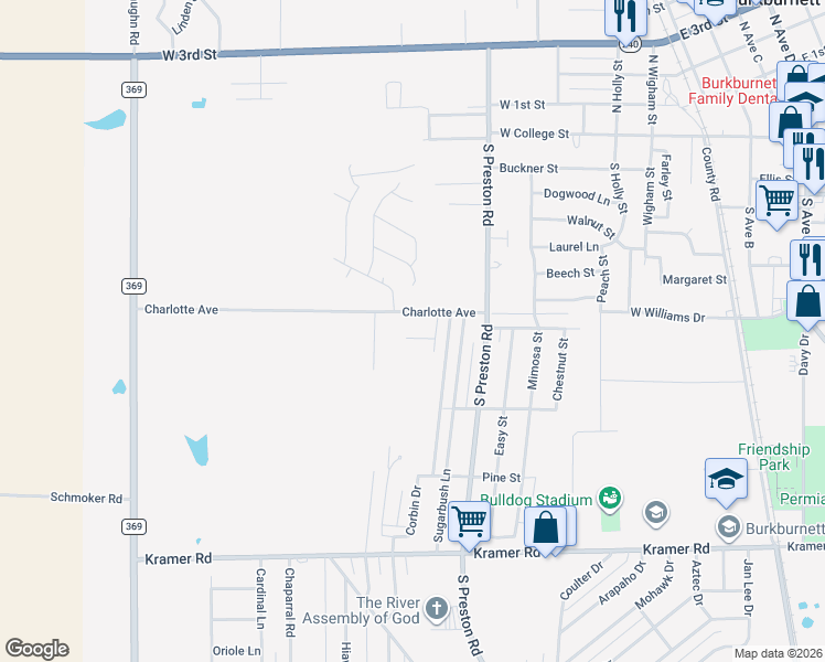 map of restaurants, bars, coffee shops, grocery stores, and more near 107 Kaitlin Street in Burkburnett