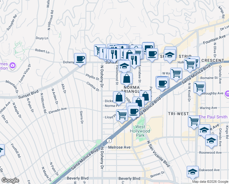 map of restaurants, bars, coffee shops, grocery stores, and more near 9000 Cynthia Street in West Hollywood