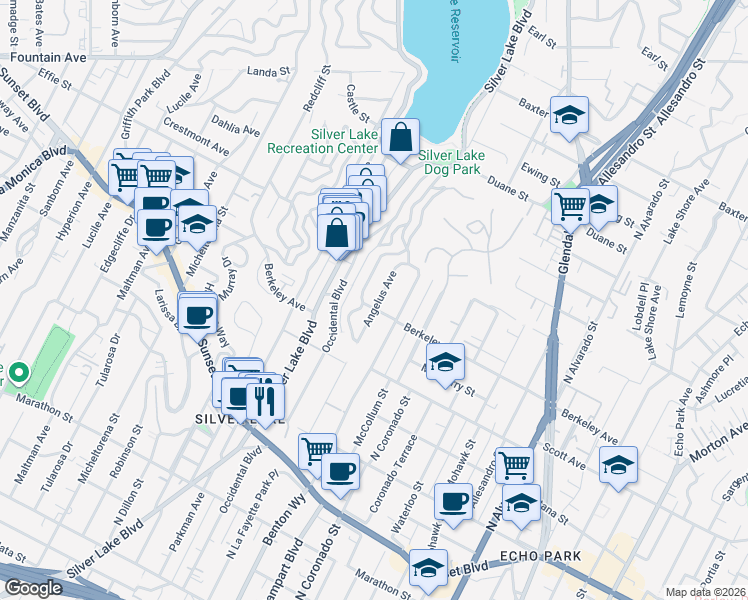 map of restaurants, bars, coffee shops, grocery stores, and more near 1607 Angelus Avenue in Los Angeles