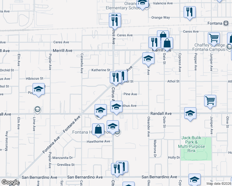 map of restaurants, bars, coffee shops, grocery stores, and more near 9167 Citrus Avenue in Fontana