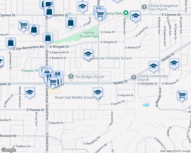 map of restaurants, bars, coffee shops, grocery stores, and more near 129 North Glendora Avenue in Covina