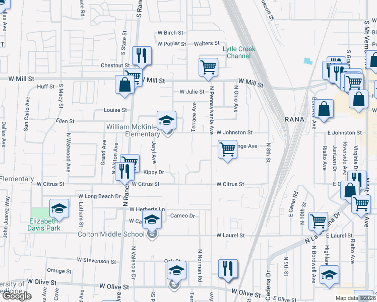 map of restaurants, bars, coffee shops, grocery stores, and more near 1740 Terrace Avenue in Colton