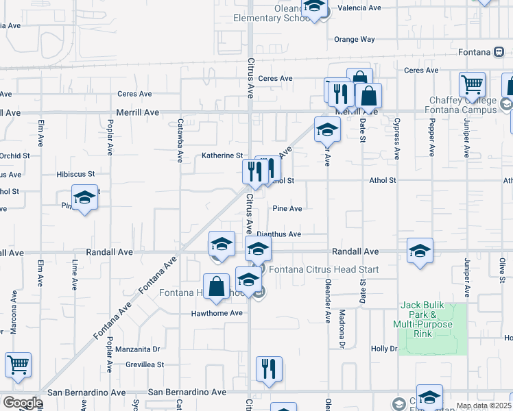 map of restaurants, bars, coffee shops, grocery stores, and more near 9167 Citrus Avenue in Fontana