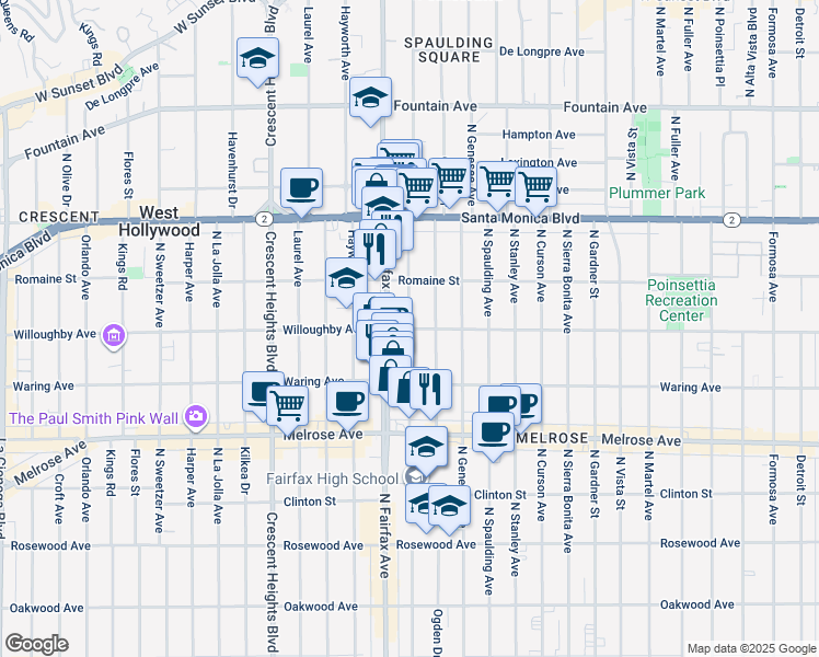 map of restaurants, bars, coffee shops, grocery stores, and more near Willoughby Avenue & North Orange Grove Avenue in West Hollywood