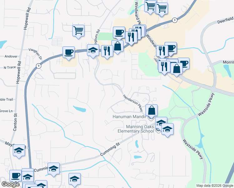 map of restaurants, bars, coffee shops, grocery stores, and more near 8870 South Somerset Lane in Alpharetta