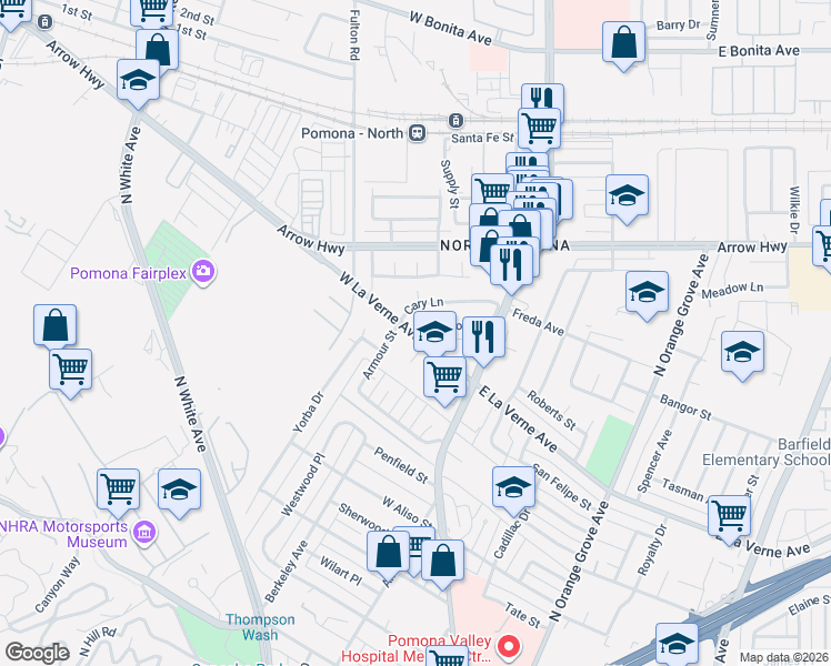 map of restaurants, bars, coffee shops, grocery stores, and more near 2169 Armour Street in Pomona