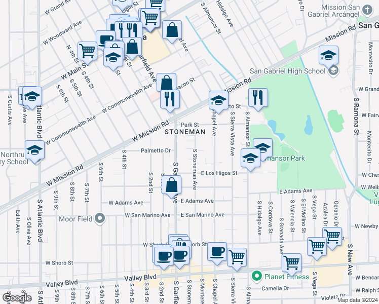 map of restaurants, bars, coffee shops, grocery stores, and more near 751 A South Stoneman Avenue in Alhambra