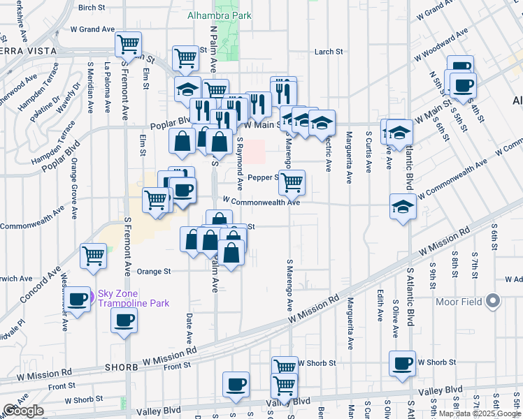 map of restaurants, bars, coffee shops, grocery stores, and more near 1720 West Commonwealth Avenue in Alhambra