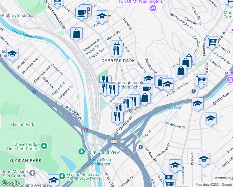 map of restaurants, bars, coffee shops, grocery stores, and more near in Los Angeles
