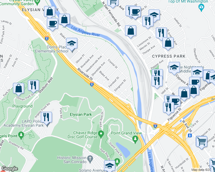 map of restaurants, bars, coffee shops, grocery stores, and more near 2238 Gatewood Street in Los Angeles