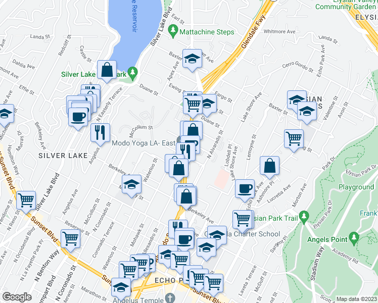 map of restaurants, bars, coffee shops, grocery stores, and more near 1765 Glendale Boulevard in Los Angeles