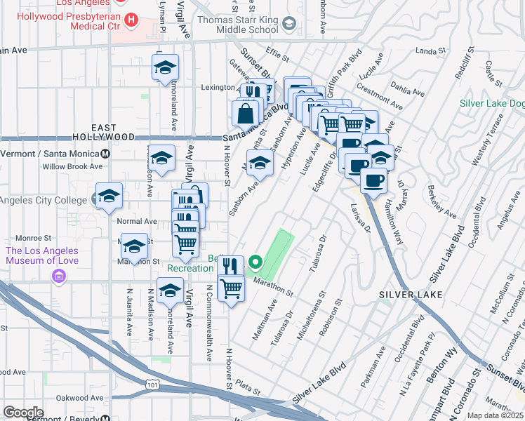 map of restaurants, bars, coffee shops, grocery stores, and more near 866 Hyperion Avenue in Los Angeles
