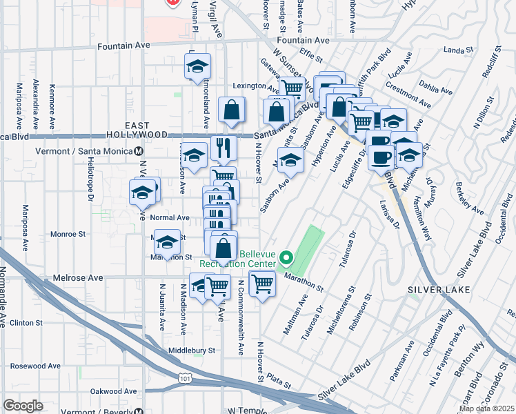map of restaurants, bars, coffee shops, grocery stores, and more near 853 Sanborn Avenue in Los Angeles