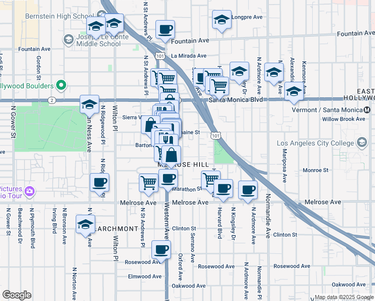 map of restaurants, bars, coffee shops, grocery stores, and more near 943 North Oxford Avenue in Los Angeles