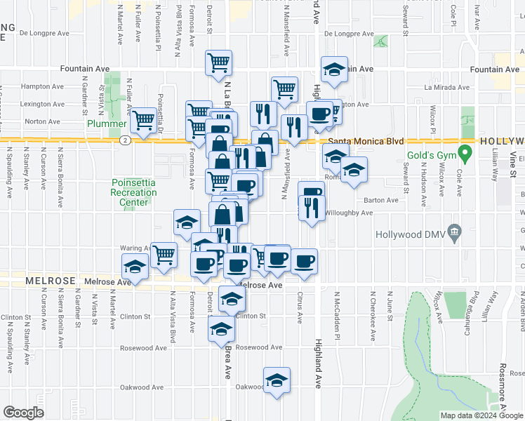 map of restaurants, bars, coffee shops, grocery stores, and more near 7029 Willoughby Avenue in Los Angeles