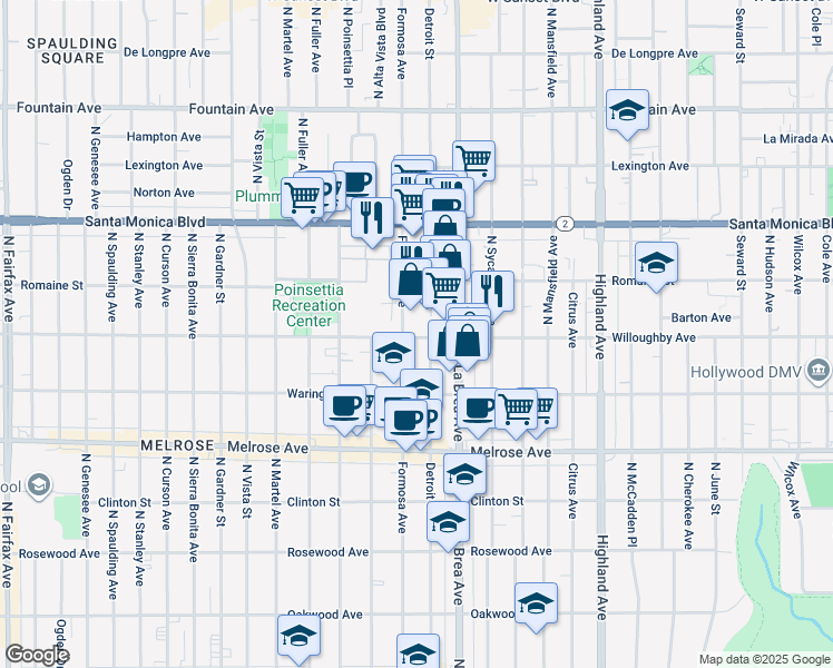 map of restaurants, bars, coffee shops, grocery stores, and more near 7165 Willoughby Avenue in Los Angeles