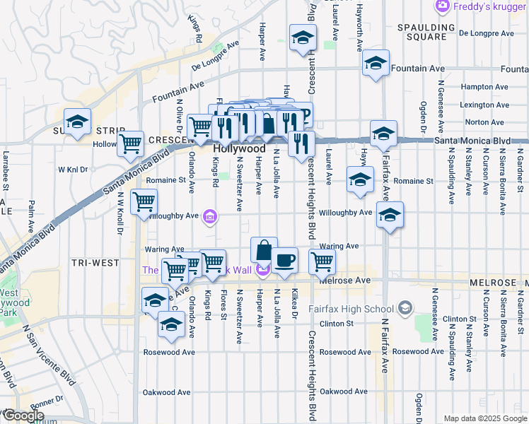 map of restaurants, bars, coffee shops, grocery stores, and more near 911 North Harper Avenue in West Hollywood