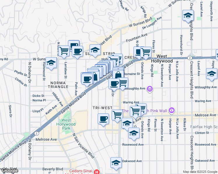 map of restaurants, bars, coffee shops, grocery stores, and more near 8577 Rugby Drive in West Hollywood